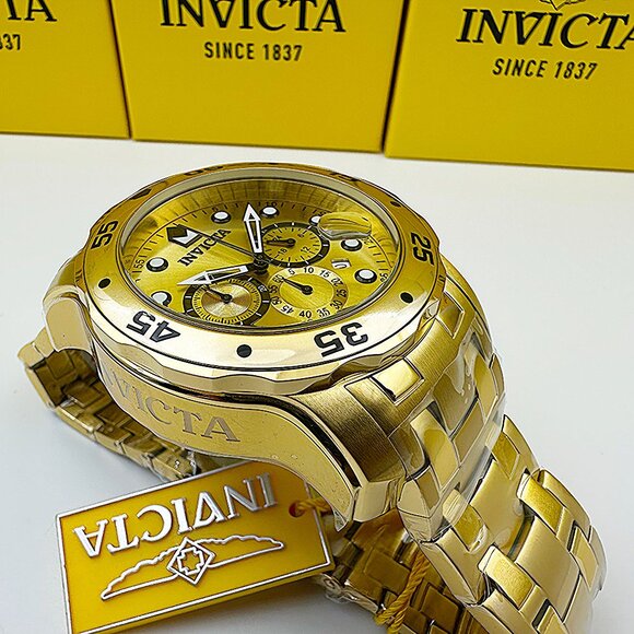 Invicta Men's 48mm PRO DIVER Scuba Chronograph Gold Dial 18K Gold Plated Watch - Picture 5 of 9